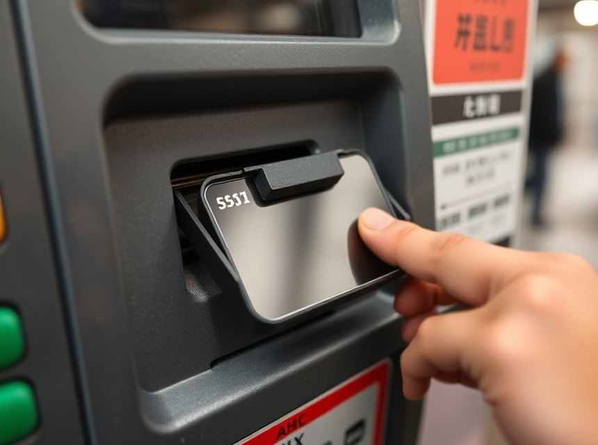点検前 — カードリーダーの上に不審な部品が取り付けられた端末の前面。